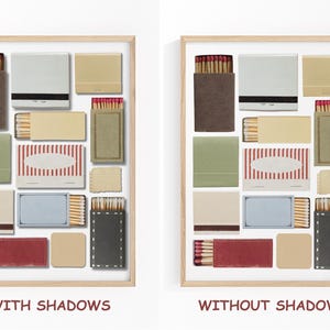 May include: Two framed images of matchboxes arranged in a grid pattern. The image on the left shows the matchboxes with shadows, while the image on the right shows the matchboxes without shadows.