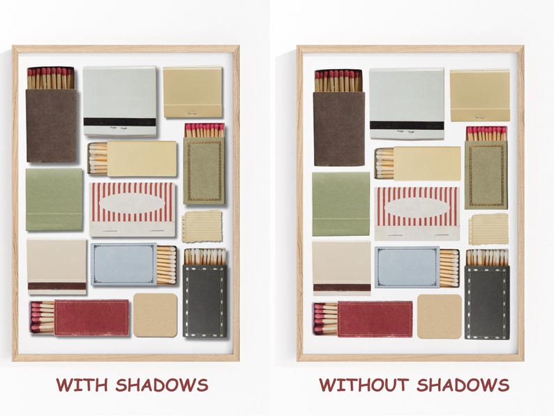 May include: Two framed images of matchboxes arranged in a grid pattern. The image on the left shows the matchboxes with shadows, while the image on the right shows the matchboxes without shadows.