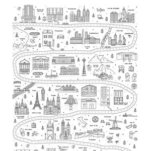 May include: Black and white illustrated map print depicting landmarks and events from 2001-2025. Includes text with names and various illustrations of buildings, monuments, and icons. The map is a timeline of events.