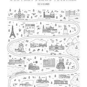 May include: A monochrome line drawing print, titled "OUR FIRST DECADE TOGETHER" with the names "Egle & Alejandro". The artwork features a road map design with iconic landmarks such as the Eiffel Tower, the Colosseum, and the Sagrada Fam&iacute;lia.