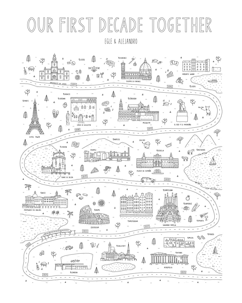 May include: A monochrome line drawing print, titled "OUR FIRST DECADE TOGETHER" with the names "Egle & Alejandro". The artwork features a road map design with iconic landmarks such as the Eiffel Tower, the Colosseum, and the Sagrada Fam&iacute;lia.