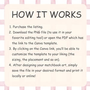 May include: A white text box with black text explaining how to use a digital product. The text reads: "HOW IT WORKS 1. Purchase the listing. 2. Download the PNG file (to use it in your favorite editing tool) or open the PDF which has the link to the Canva template. 3. By clicking on the Canva link, you'll be able to customize the template to your liking (the sizing, the placement and so on). 4. After designing your matchbook art, simply save the file in your desired format and print it locally or online!"