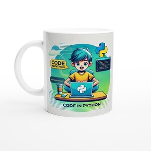 May include: White ceramic mug featuring a cartoon illustration of a person coding on a laptop. The design includes the text "CODE IN PYTHON" and a Python logo. The person has blue hair and is wearing a yellow shirt. A coffee cup is also visible.