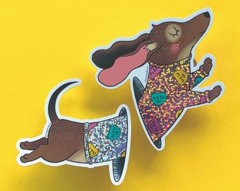 XL Dackel-Vinylsticker (2-teilig) - Glitzer, Regenbogen-Effekt, wasserfest für Laptop und Notizbuch