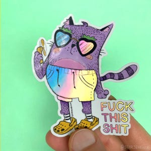 Könnte beinhalten: Ein Aufkleber mit einer lila Katze, die eine Erdbeer-Sonnenbrille trägt, einen Fächer hält und eine Regenbogen-Shorts und gelbe Clogs trägt. Der Aufkleber hat den Text "FUCK THIS SHIT". Der Aufkleber wird von einer Hand gehalten.
