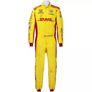 May include: A yellow and red racing suit with the DHL logo and the words "Hunter-Reay" on the belt. The suit has a Honda logo on the chest and the words "AutoNation" on the shoulder.