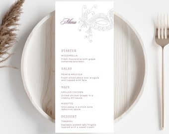 Abendmenü-Vorlage, Maskerade-Themenmenü, Abendessen-Menü für Maskerade, bearbeitbarer Canva-Download, anpassbare Vorlage, Menügedeck