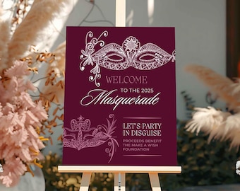 Masquerade Willkommensschild Vorlage, Maskenparty Fundraiser Bankett, In Canva Download bearbeiten, Maskenball Willkommensschild, anpassbar