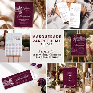 May include: A collection of burgundy and white masquerade party theme stationery. Includes invitations, menus, table cards, a seating chart, and a welcome sign. The text includes "You're Invited", "Masquerade", and "Find Your Table".