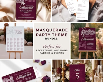 Masquerade Party Theme Template, In Canva bearbeiten, Bundle-Einladung, Willkommensschild, Sitzpläne, Tischnummern, Abendmenüs, Event-Eintrittskarten.