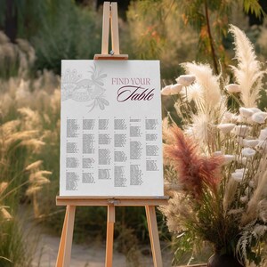 May include: A white seating chart on a wooden easel with the words "Find Your Table" in burgundy script. The chart has a floral design and a list of names. The background features tall, feathery plants.