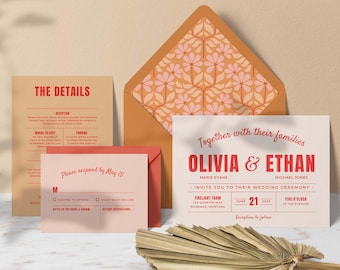 Retro Wedding Invitations template, 70's wedding bundle, Bright Colorful wedding invitation suite, wedding details card, rsvp, Save the Date