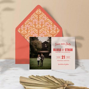 Retro Hochzeit Save the Date Vorlage mit Foto, 70er Jahre Hochzeitspaket, Helle Bunte Save the Date Karte, Bearbeiten in Canva, digitaler Download