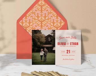 Retro Hochzeit Save the Date Vorlage mit Foto, 70er Jahre Hochzeitspaket, Helle Bunte Save the Date Karte, Bearbeiten in Canva, digitaler Download