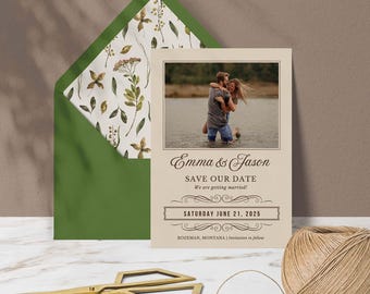 Berg Hochzeit Save the Date Vorlage, Rustikale Hochzeit Save the Date mit Foto, Colorado Barn Hochzeit Save the Date mit Umschlag Liner