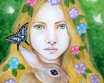 PRINT Spring maiden, fantasy art, portrait, ostara, flowers