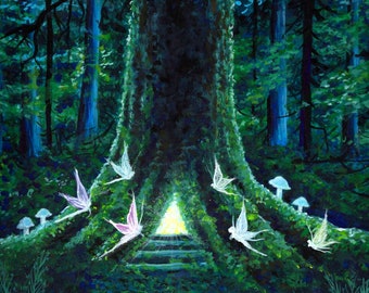 Print - Faerie lights, fantasy, faery art, enchanted woodland, trees fairies, fairyland