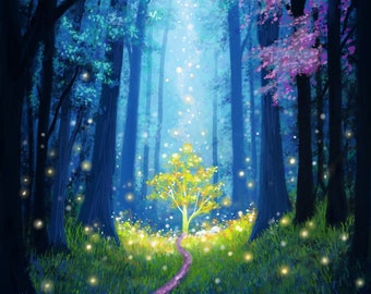 Impression - lumières de la forêt, fantaisie, art féerique, forêt enchantée, fées des arbres, pays des fées