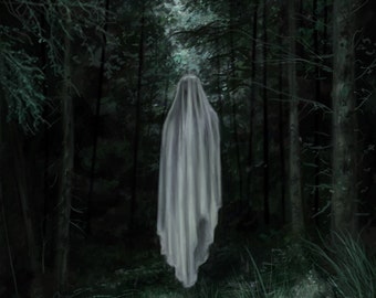 Print, Veiled woman, spirit, ghost, spooky art, haunted forest, enchanting, feminine art