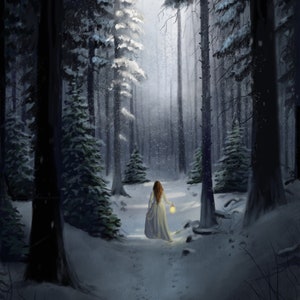 Puede incluir: Una mujer con un vestido blanco camina por un bosque nevado, sosteniendo una linterna. Los árboles son altos y están cubiertos de nieve, y la luz de la linterna proyecta largas sombras en el suelo.