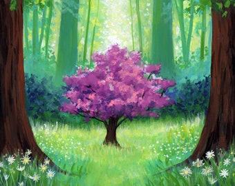 Impression, arbre secret en fleurs, art fantastique, forêt magique, pays des fées, fée bleue, enchanteur, art féminin