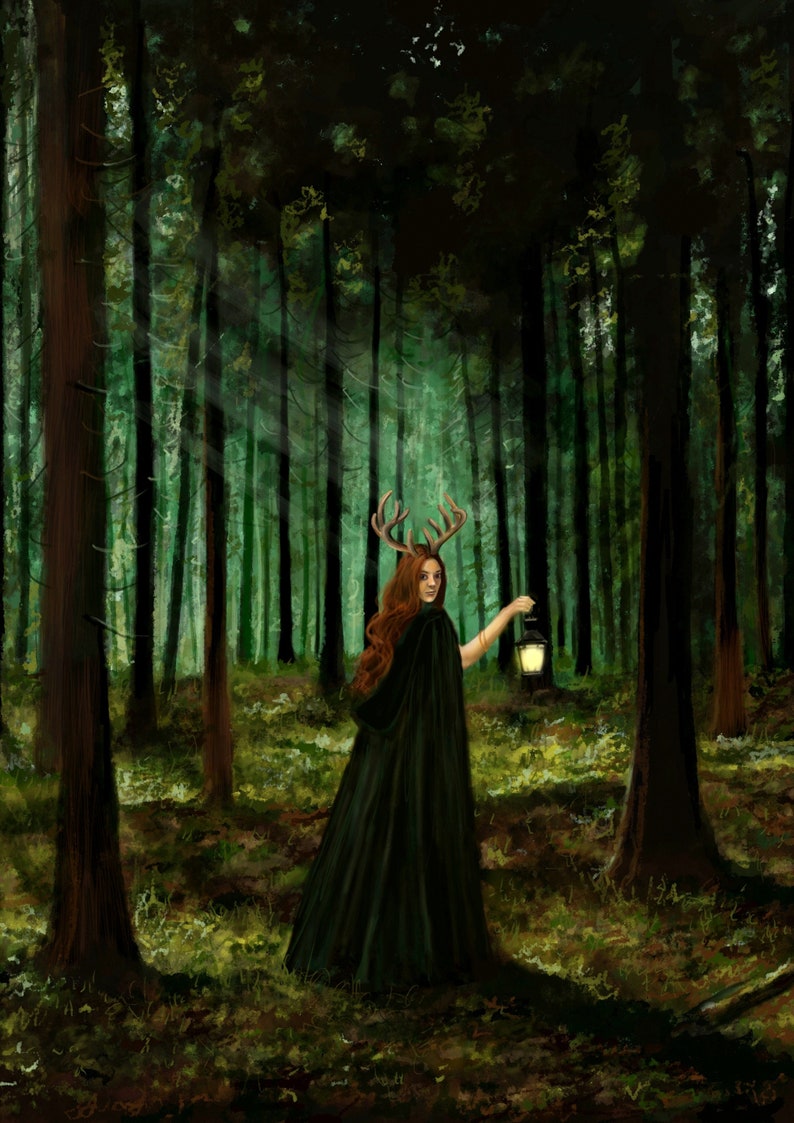 May include: An artistic depiction of a person in a forest, wearing a dark cloak and antlers, holding a lantern. The person has long red hair and is surrounded by tall, green trees. The scene is illuminated by sunlight filtering through the canopy.