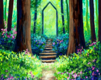 Print - Forest garden, enchanted woodland, trees fairies, fairyland