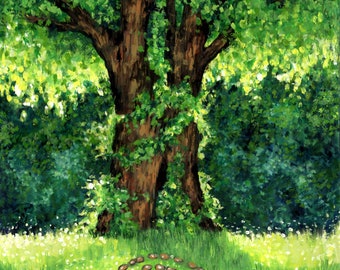 Print Summer Tree, gouache art, oak, woodland