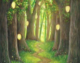 Print - Enchanted path, lantern lit forest fantasy, fairy art, enchanted woodland, trees fairies, fairyland