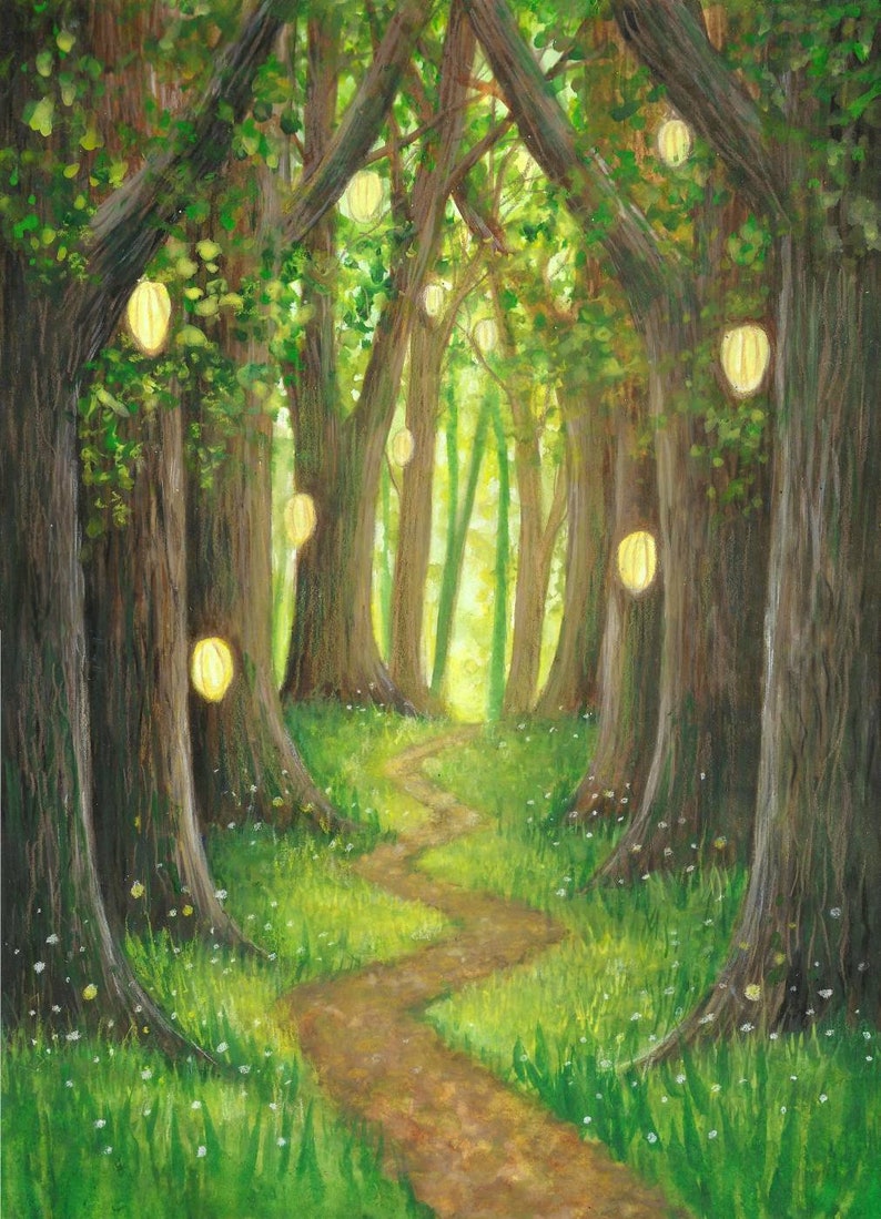 Print Enchanted path, lantern lit forest fantasy, fairy art, enchanted woodland, trees fairies, fairyland image 1