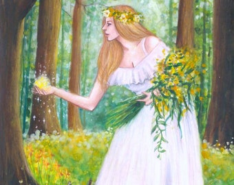 PRINT Ostara, Spring maiden, fantasy art, portrait, Eostra, flowers