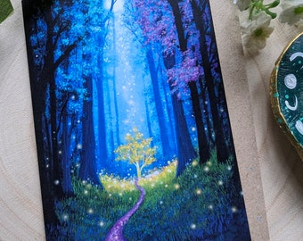A6 card - forest lights, fantasy, faery art, enchanted woodland, trees fairies, fairyland
