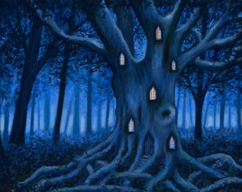 Print - Faerie tree house, fantasy, faery art, enchanted woodland, trees fairies, fairyland