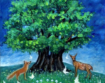 Print - Enchanted midnight tree, animals, fantasy, faery art, enchanted woodland, trees fairies, fairyland