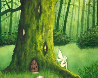 Print - Fairy Tree house, fantasy, faery art, enchanted woodland, trees fairies, fairyland