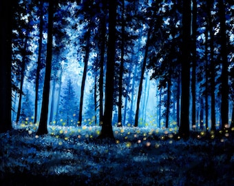 Print - Firefly forest, fantasy, faery art, enchanted woodland, trees fairies, fairyland