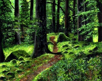 Print Deep green forest, landscape, woodland, nature art