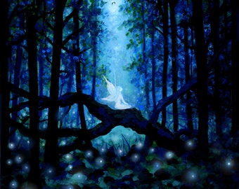 Print - Faerie lights, fantasy, faery art, enchanted woodland, trees fairies, fairyland