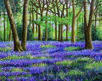 Bluebell Woods , Print forest, landscape painting, nature