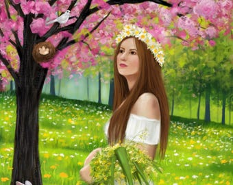 IMPRIMIR Doncella de la flor de primavera, arte de fantasía, retrato, ostara, flores