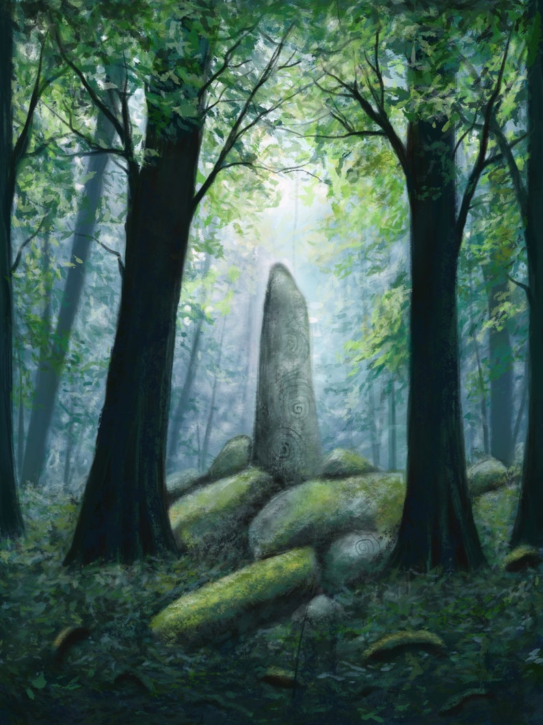 Print Standing Stone, ancient enchanted, wood, pagan, fantasy art. image 1