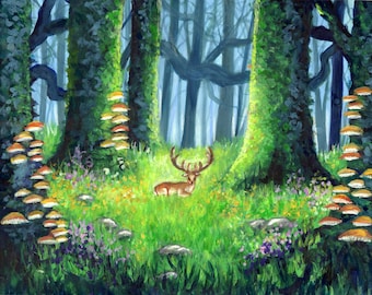 Print - Relaxing stag, Enchanted forest, fantasy, woodland, trees , fairyland