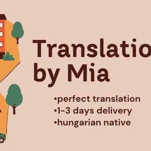Op de afbeelding: Illustratie van een huis met een rood dak en een groene auto ervoor. De tekst "Translations by Mia" staat in het midden van de afbeelding. Onder de tekst staan drie opsommingstekens: "perfect translation", "1-3 days delivery" en "Hungarian native".