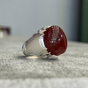 Red Aqeeq Handmade ring, Gift for Him,Natural Agate Gemstone Jewelry for Men,925Sterling Silver Jewelry, Islamic Gift,Unique Crystal Jewelry