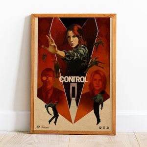 May include: A framed poster with the word "CONTROL" prominently displayed. The artwork features a woman in a green jacket, set against a red and beige backdrop. Includes logos for 505 Games, Xbox, and PlayStation.