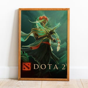 May include: Framed artwork featuring a skeletal figure with glowing green accents, holding two swords. The figure is adorned with a floral headdress and flowing garments. The Dota 2 logo is displayed in the lower left corner, with the game title in white text.