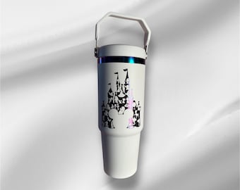 30z Rainbow Accent Disney Castle Tumbler | Laser Engraved Tumbler | Handle, Lid and Straw Included