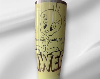 30z Yellow Pearlized Tweety Bird Tumbler | Laser Engraved Tumbler | Handle, Lid and Straw Included