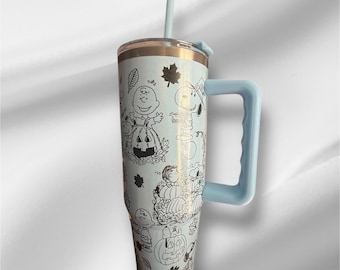 Vaso perlado de 30 oz con diseño de Peanuts y Snoopy / Vaso grabado a láser / Incluye asa, tapa y pajita / Regalos para todos