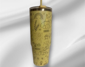 30z Yellow Pearlized Chicken Doodle Tumbler | Laser Engraved Tumbler | Handle, Lid and Straw Included
